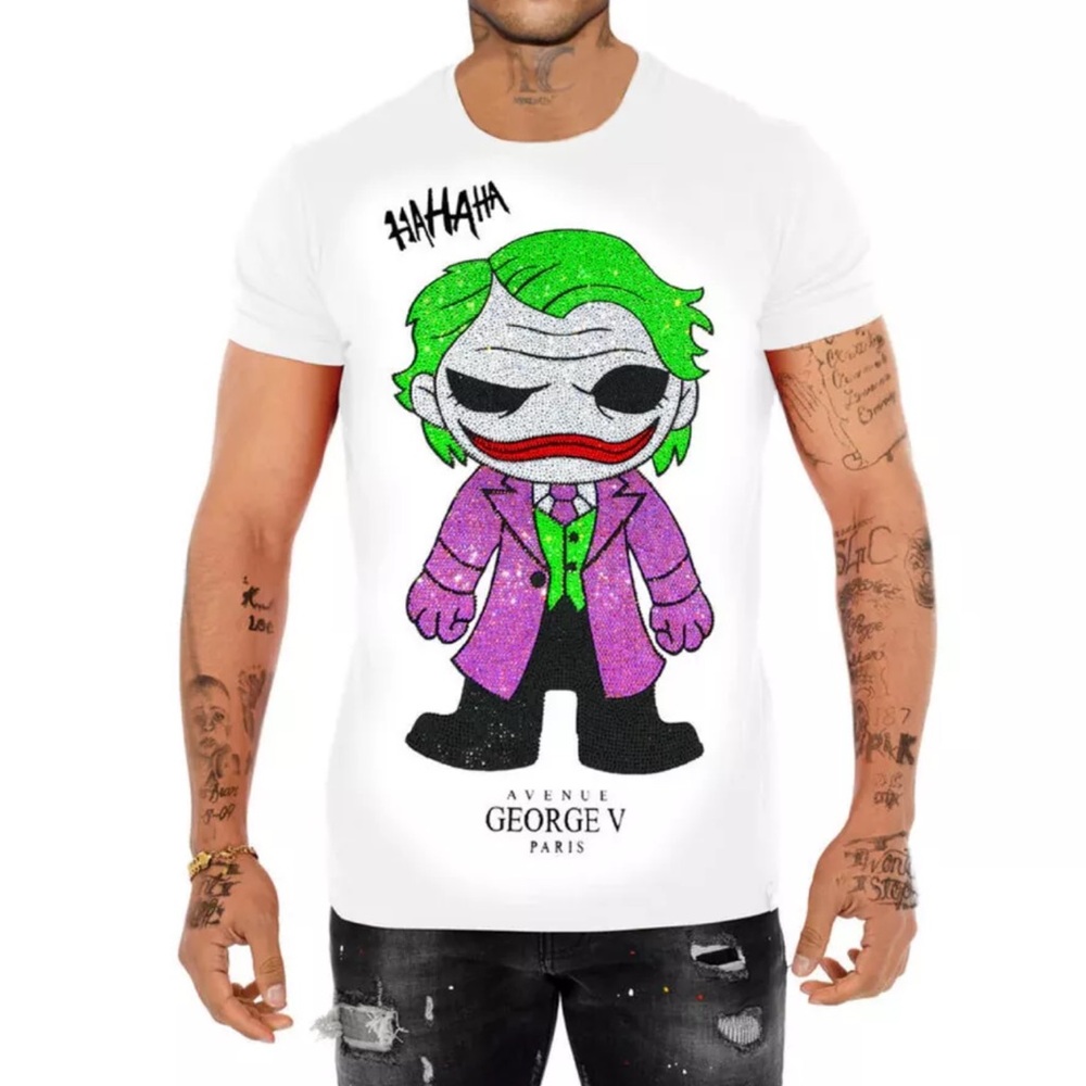 AVENUE GEORGE V PARIS T-shirt the Joker Rhinestone men’s white short tee NWT
